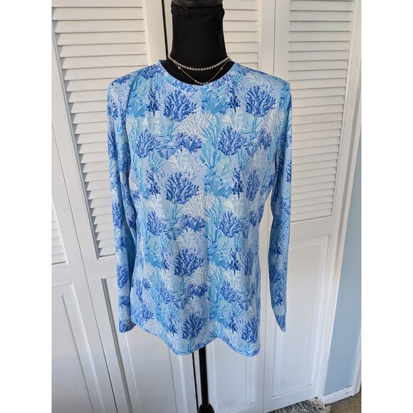 Gottex Tops - X by GOTTEX Top Womens L Blue White Ruffle Mesh Beach Long Slv Crew Shirt UPF50